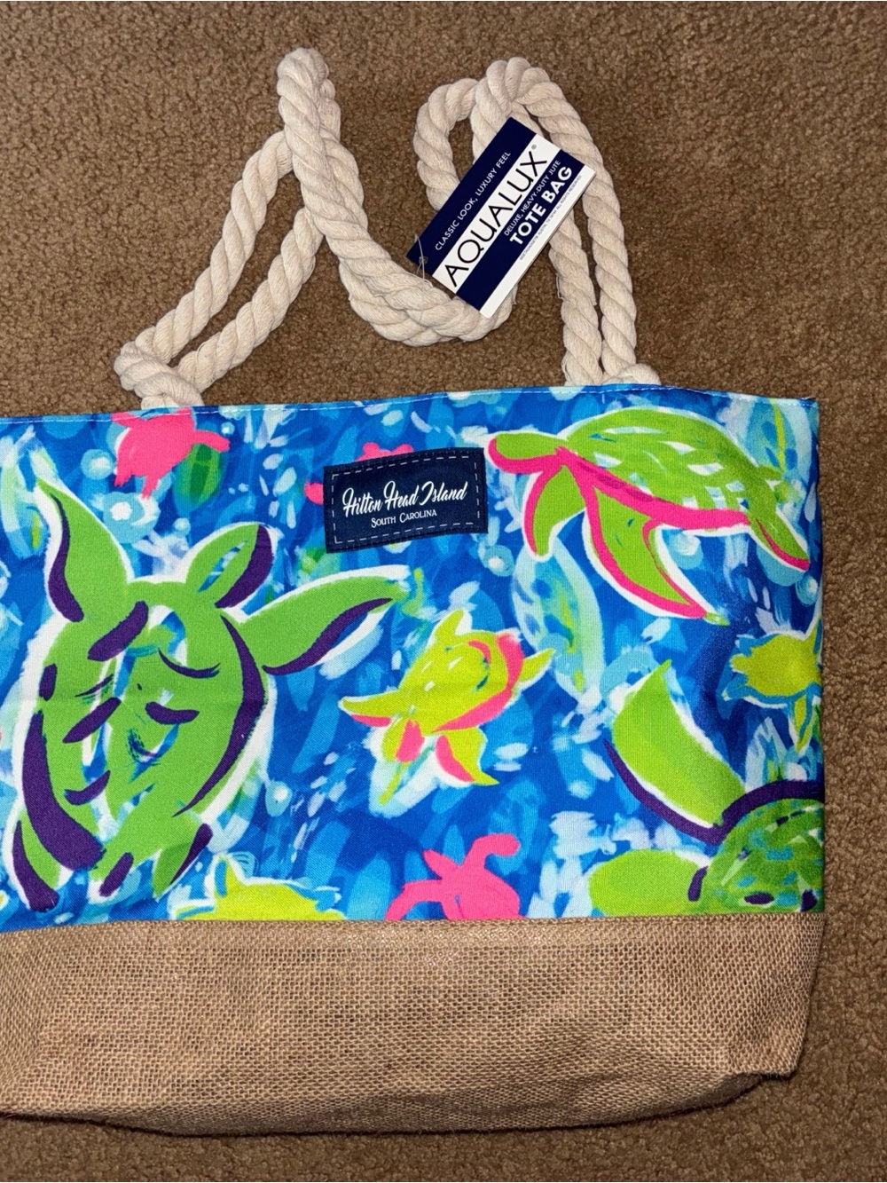 AquaLux Turtle Print Beach Tote with Rope Handles
